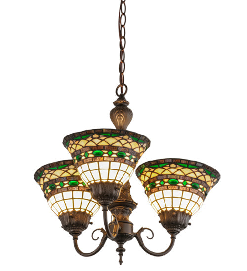 Meyda Lighting Tiffany Roman 20" 3-Light Mahogany Bronze Chandelier With Multi-Colored Shade Glass