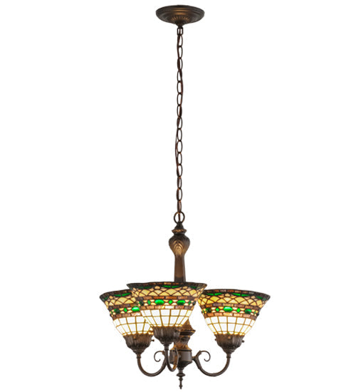 Meyda Lighting Tiffany Roman 20" 3-Light Mahogany Bronze Chandelier With Multi-Colored Shade Glass