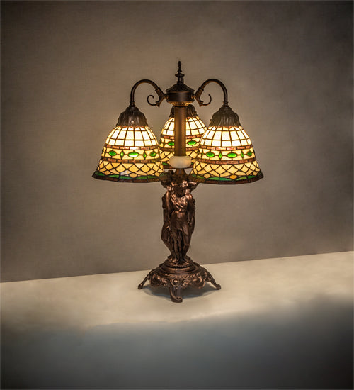 Meyda Lighting Tiffany Roman 23" 3-Light Mahogany Bronze Table Lamp With Multi-Colored Shade Glass