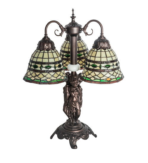 Meyda Lighting Tiffany Roman 23" 3-Light Mahogany Bronze Table Lamp With Multi-Colored Shade Glass