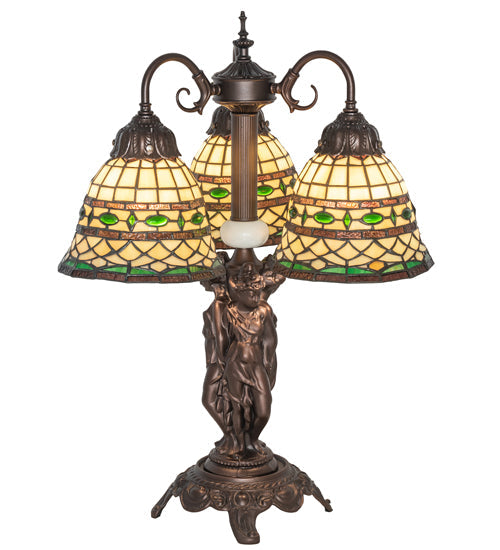 Meyda Lighting Tiffany Roman 23" 3-Light Mahogany Bronze Table Lamp With Multi-Colored Shade Glass