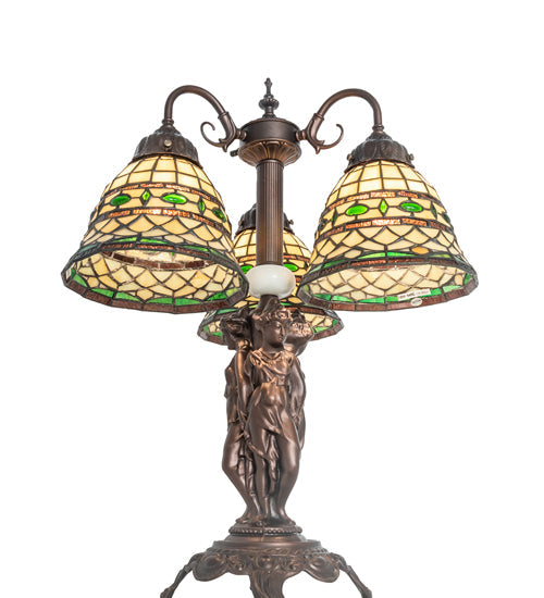 Meyda Lighting Tiffany Roman 23" 3-Light Mahogany Bronze Table Lamp With Multi-Colored Shade Glass