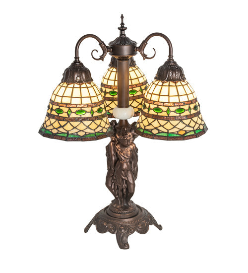 Meyda Lighting Tiffany Roman 23" 3-Light Mahogany Bronze Table Lamp With Multi-Colored Shade Glass
