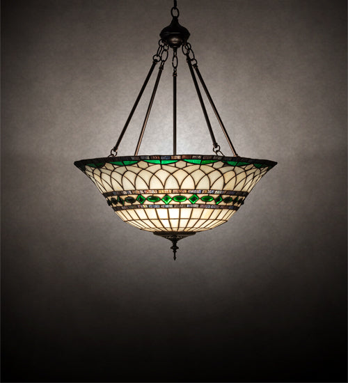 Meyda Lighting Tiffany Roman 24" 3-Light Mahogany Bronze Inverted Pendant Light With Green and Beige Shade Glass