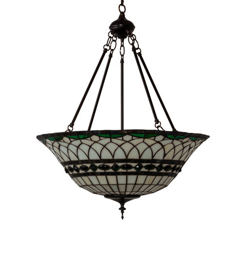 Meyda Lighting Tiffany Roman 24" 3-Light Mahogany Bronze Inverted Pendant Light With Green and Beige Shade Glass