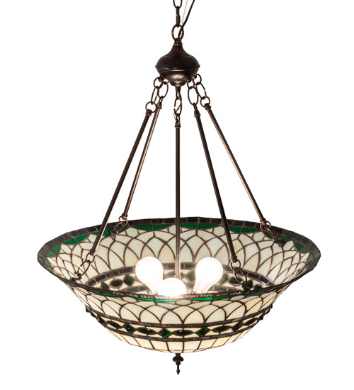 Meyda Lighting Tiffany Roman 24" 3-Light Mahogany Bronze Inverted Pendant Light With Green and Beige Shade Glass