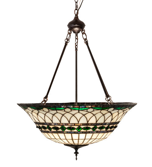 Meyda Lighting Tiffany Roman 24" 3-Light Mahogany Bronze Inverted Pendant Light With Green and Beige Shade Glass