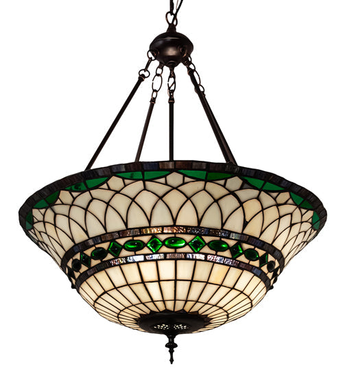 Meyda Lighting Tiffany Roman 24" 3-Light Mahogany Bronze Inverted Pendant Light With Green and Beige Shade Glass