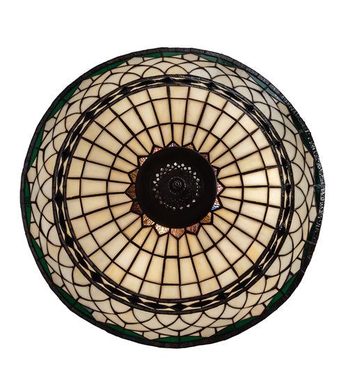 Meyda Lighting Tiffany Roman 24" 3-Light Mahogany Bronze Inverted Pendant Light With Green and Beige Shade Glass