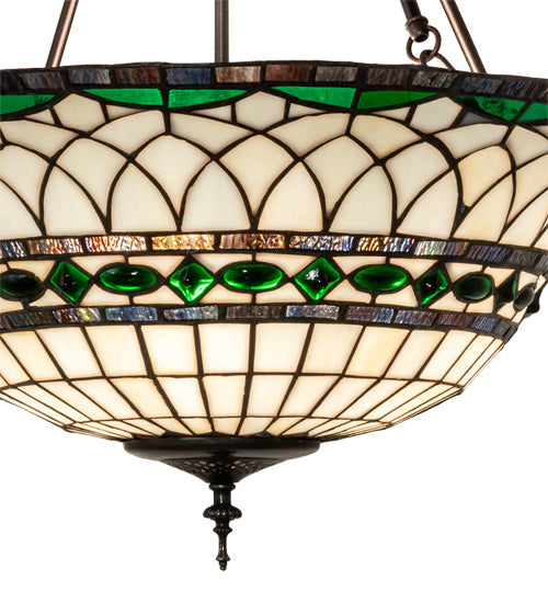 Meyda Lighting Tiffany Roman 24" 3-Light Mahogany Bronze Inverted Pendant Light With Green and Beige Shade Glass