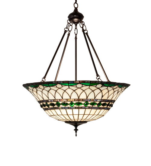 Meyda Lighting Tiffany Roman 24" 3-Light Mahogany Bronze Inverted Pendant Light With Green and Beige Shade Glass