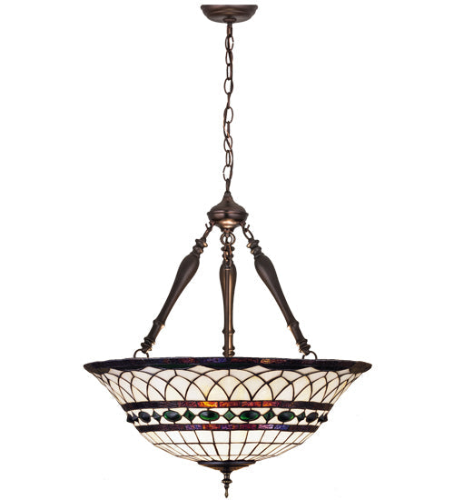 Meyda Lighting Tiffany Roman 24" 3-Light Mahogany Bronze Inverted Pendant Light With Multi-Colored Stained Shade Glass