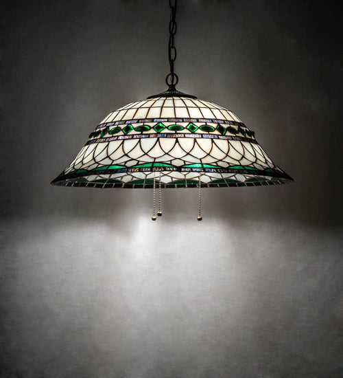 Meyda Lighting Tiffany Roman 24" 3-Light Mahogany Bronze Pendant Light With Green & Beige Stained Shade Glass