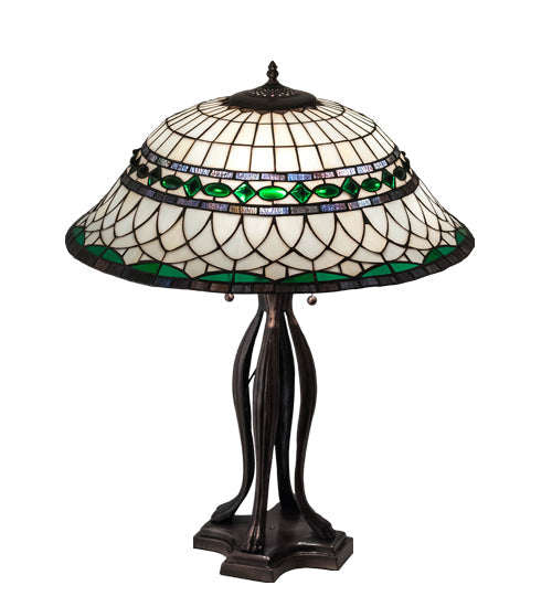 Meyda Lighting Tiffany Roman 30" 3-Light Mahogany Bronze Table Lamp With Multi-Colored Shade Glass