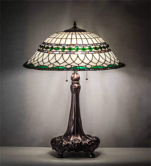Meyda Lighting Tiffany Roman 31" 3-Light Mahogany Bronze Table Lamp With Green & Beige Stained Shade Glass
