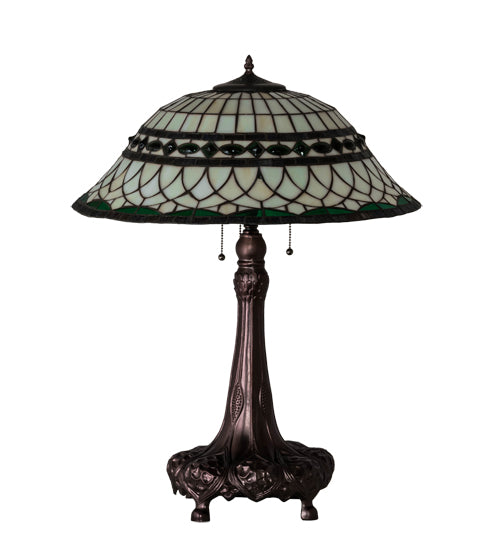Meyda Lighting Tiffany Roman 31" 3-Light Mahogany Bronze Table Lamp With Green & Beige Stained Shade Glass
