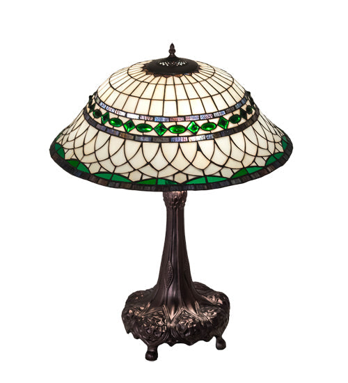 Meyda Lighting Tiffany Roman 31" 3-Light Mahogany Bronze Table Lamp With Green & Beige Stained Shade Glass