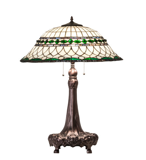 Meyda Lighting Tiffany Roman 31" 3-Light Mahogany Bronze Table Lamp With Green & Beige Stained Shade Glass