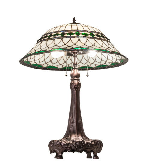 Meyda Lighting Tiffany Roman 31" 3-Light Mahogany Bronze Table Lamp With Green & Beige Stained Shade Glass
