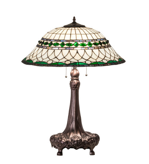 Meyda Lighting Tiffany Roman 31" 3-Light Mahogany Bronze Table Lamp With Green & Beige Stained Shade Glass