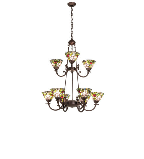 Meyda Lighting Tiffany Roman 32" 9-Light Mahogany Bronze Chandelier With Multi-Colored Tiffany Roman Shade Glass