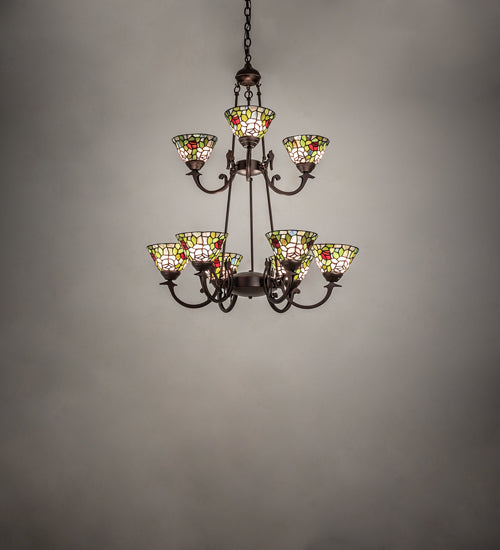 Meyda Lighting Tiffany Roman 32" 9-Light Mahogany Bronze Chandelier With Multi-Colored Tiffany Roman Shade Glass