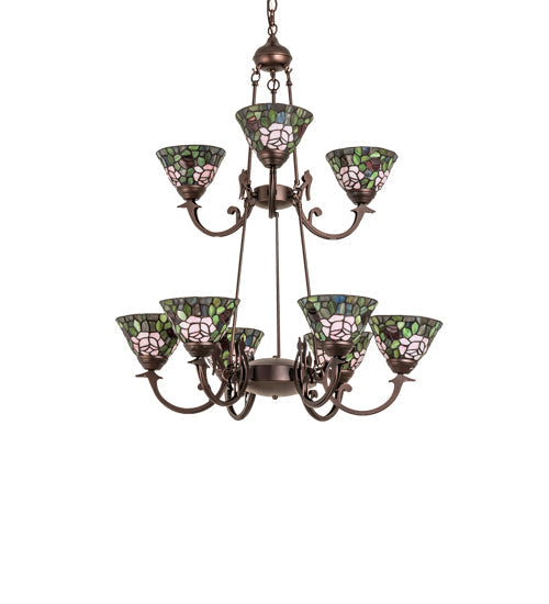 Meyda Lighting Tiffany Roman 32" 9-Light Mahogany Bronze Chandelier With Multi-Colored Tiffany Roman Shade Glass