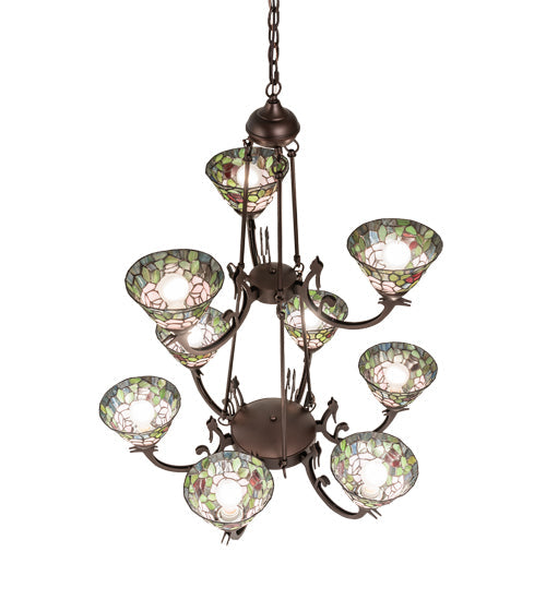 Meyda Lighting Tiffany Roman 32" 9-Light Mahogany Bronze Chandelier With Multi-Colored Tiffany Roman Shade Glass