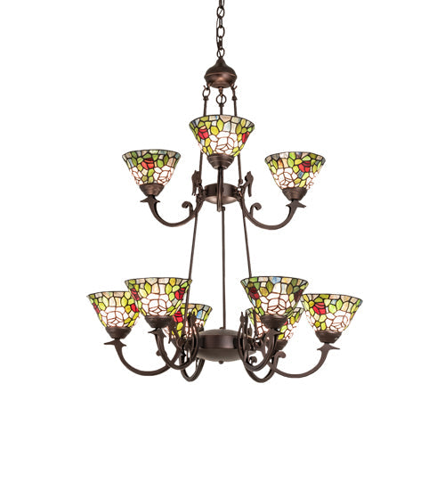 Meyda Lighting Tiffany Roman 32" 9-Light Mahogany Bronze Chandelier With Multi-Colored Tiffany Roman Shade Glass