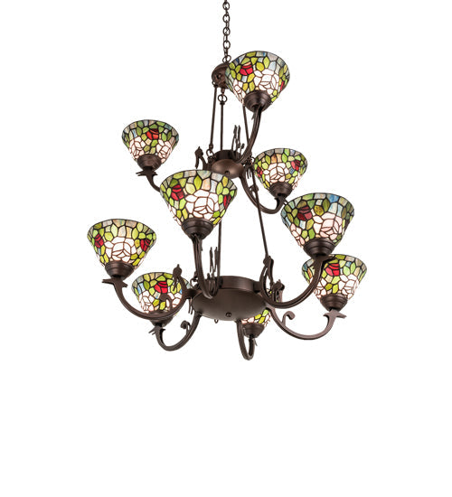 Meyda Lighting Tiffany Roman 32" 9-Light Mahogany Bronze Chandelier With Multi-Colored Tiffany Roman Shade Glass