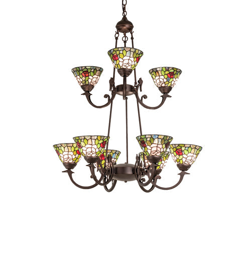 Meyda Lighting Tiffany Roman 32" 9-Light Mahogany Bronze Chandelier With Multi-Colored Tiffany Roman Shade Glass