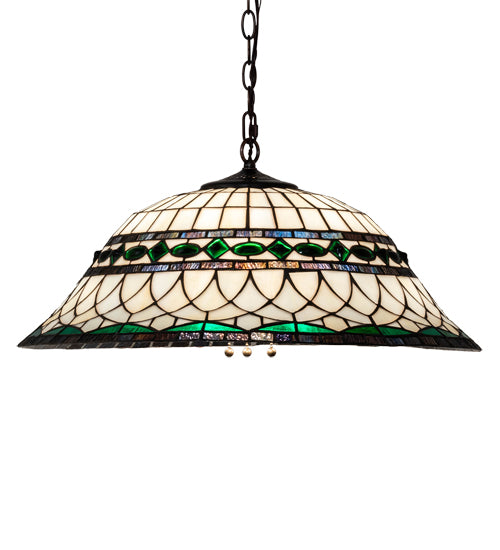 Meyda Lighting Tiffany Roman 37303 24" 3-Light Mahogany Bronze Pendant Light With Green & Beige Stained Shade Glass