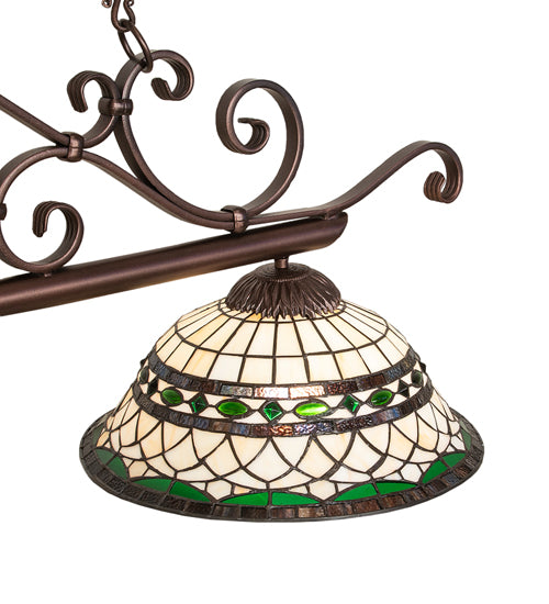 Meyda Lighting Tiffany Roman 67" 3-Light Mahogany Bronze Georgia Scroll Island Pendant Light With Multi-Colored Stained Shade Glass