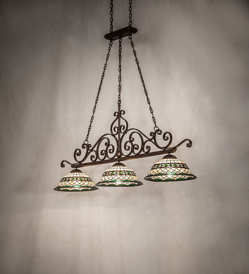 Meyda Lighting Tiffany Roman 67" 3-Light Mahogany Bronze Georgia Scroll Island Pendant Light With Multi-Colored Stained Shade Glass