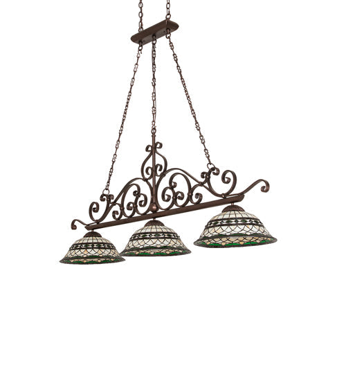 Meyda Lighting Tiffany Roman 67" 3-Light Mahogany Bronze Georgia Scroll Island Pendant Light With Multi-Colored Stained Shade Glass