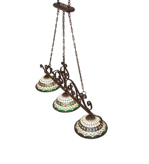 Meyda Lighting Tiffany Roman 67" 3-Light Mahogany Bronze Georgia Scroll Island Pendant Light With Multi-Colored Stained Shade Glass