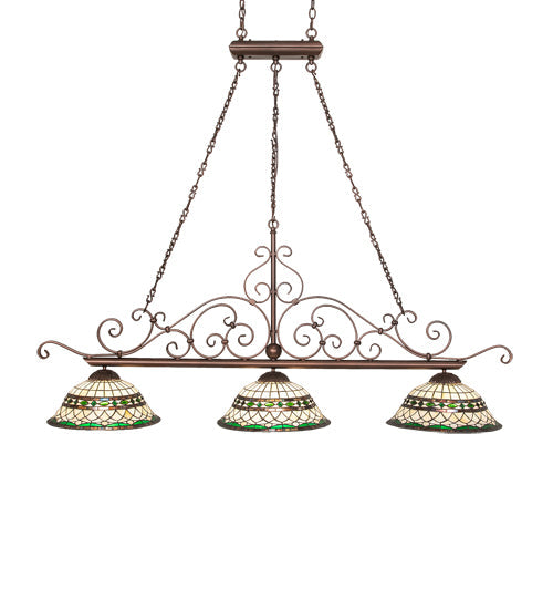 Meyda Lighting Tiffany Roman 67" 3-Light Mahogany Bronze Georgia Scroll Island Pendant Light With Multi-Colored Stained Shade Glass