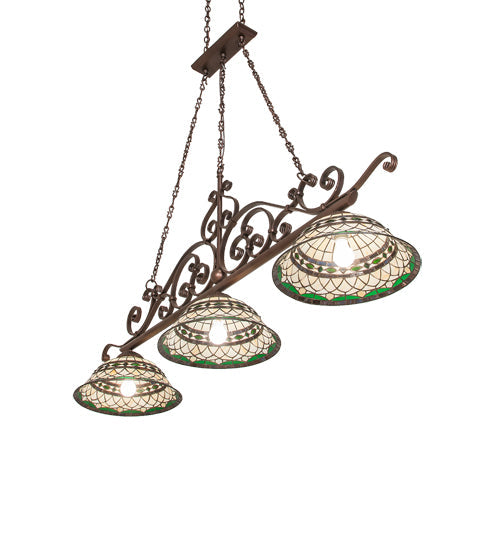 Meyda Lighting Tiffany Roman 67" 3-Light Mahogany Bronze Georgia Scroll Island Pendant Light With Multi-Colored Stained Shade Glass