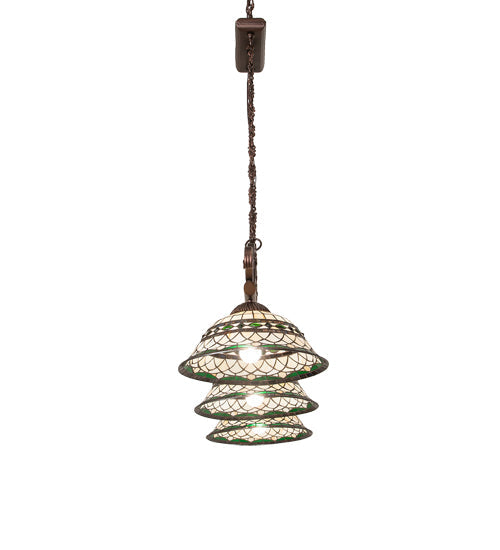 Meyda Lighting Tiffany Roman 67" 3-Light Mahogany Bronze Georgia Scroll Island Pendant Light With Multi-Colored Stained Shade Glass