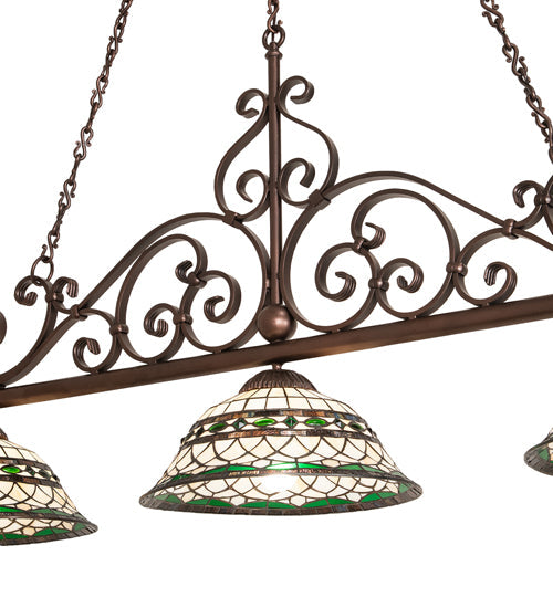 Meyda Lighting Tiffany Roman 67" 3-Light Mahogany Bronze Georgia Scroll Island Pendant Light With Multi-Colored Stained Shade Glass