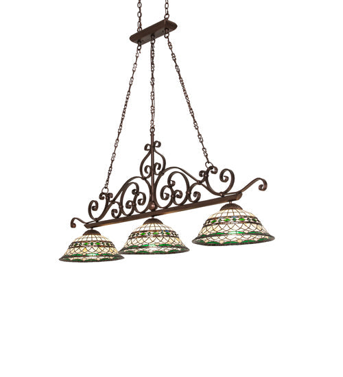 Meyda Lighting Tiffany Roman 67" 3-Light Mahogany Bronze Georgia Scroll Island Pendant Light With Multi-Colored Stained Shade Glass