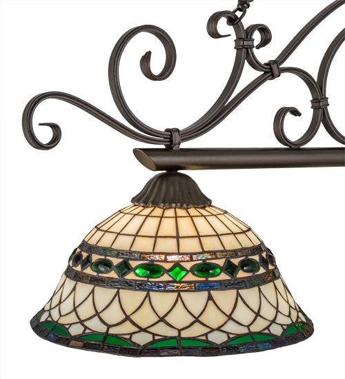 Meyda Lighting Tiffany Roman 68" 3-Light Matte Copper Vein Georgia Scroll Island Pendant Light With Multi-Colored Shade Glass
