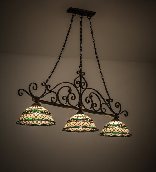 Meyda Lighting Tiffany Roman 68" 3-Light Matte Copper Vein Georgia Scroll Island Pendant Light With Multi-Colored Shade Glass
