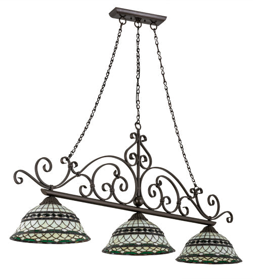 Meyda Lighting Tiffany Roman 68" 3-Light Matte Copper Vein Georgia Scroll Island Pendant Light With Multi-Colored Shade Glass
