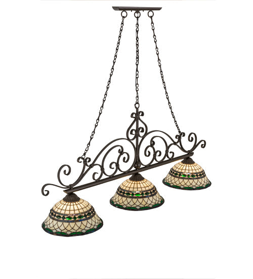 Meyda Lighting Tiffany Roman 68" 3-Light Matte Copper Vein Georgia Scroll Island Pendant Light With Multi-Colored Shade Glass