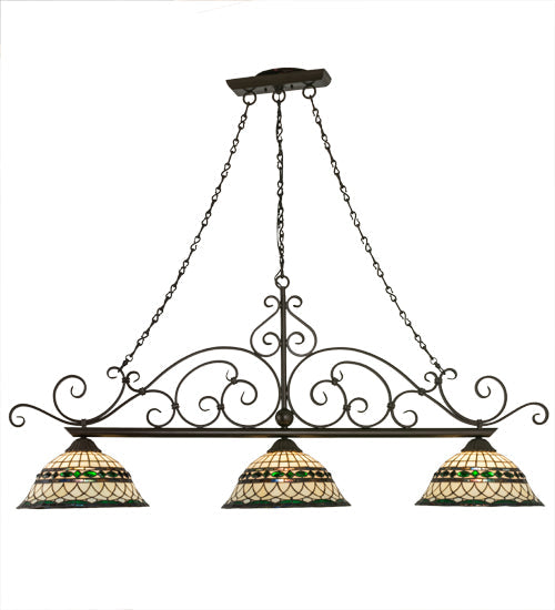 Meyda Lighting Tiffany Roman 68" 3-Light Matte Copper Vein Georgia Scroll Island Pendant Light With Multi-Colored Shade Glass