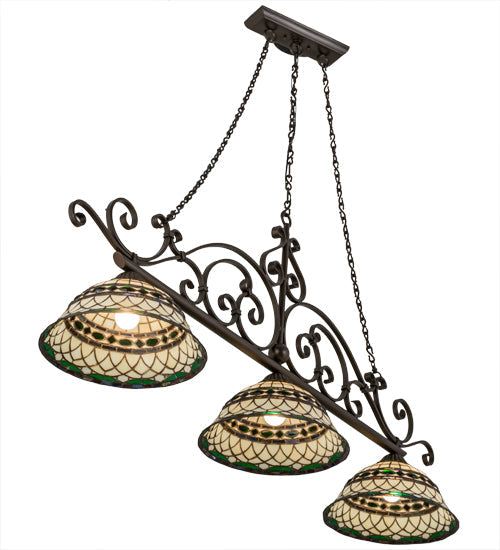Meyda Lighting Tiffany Roman 68" 3-Light Matte Copper Vein Georgia Scroll Island Pendant Light With Multi-Colored Shade Glass