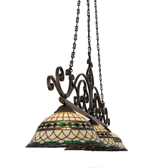 Meyda Lighting Tiffany Roman 68" 3-Light Matte Copper Vein Georgia Scroll Island Pendant Light With Multi-Colored Shade Glass