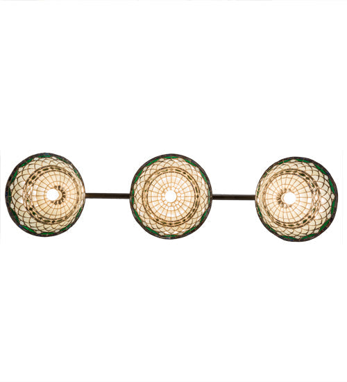 Meyda Lighting Tiffany Roman 68" 3-Light Matte Copper Vein Georgia Scroll Island Pendant Light With Multi-Colored Shade Glass