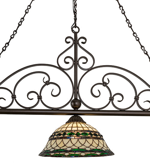 Meyda Lighting Tiffany Roman 68" 3-Light Matte Copper Vein Georgia Scroll Island Pendant Light With Multi-Colored Shade Glass